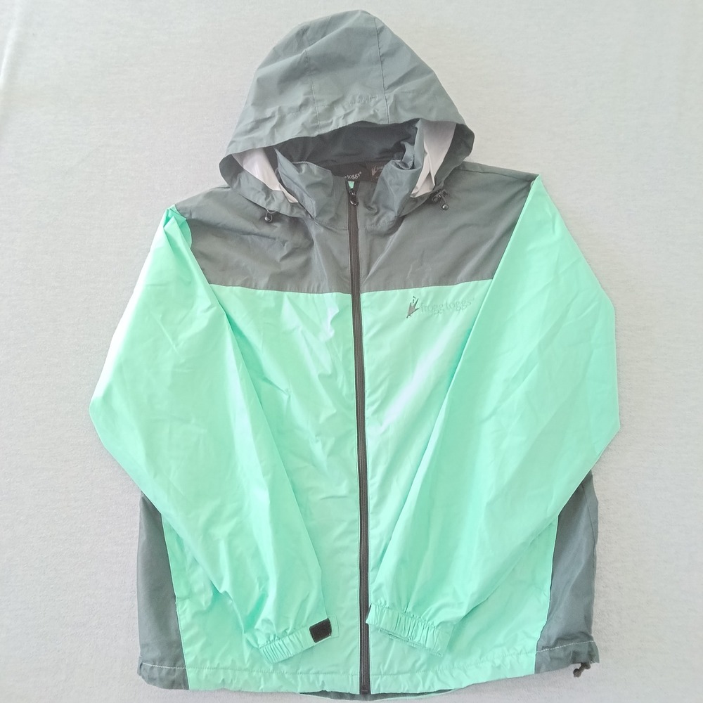 Frogg Toggs Rain Jacket Mint Green Grey Colorblock Hooded Windbreaker L/XL
